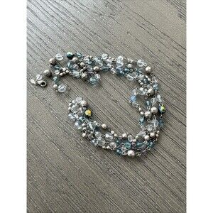Vintage Premier Designs 60” Silver Clear & Shades Of Blue Beaded Necklace